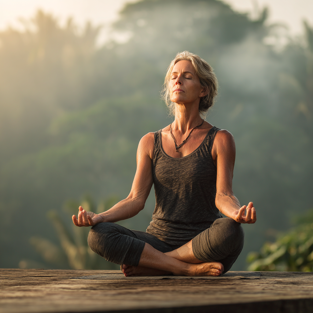50 years old woman finding inner peace through gentle yoga practice in natural setting