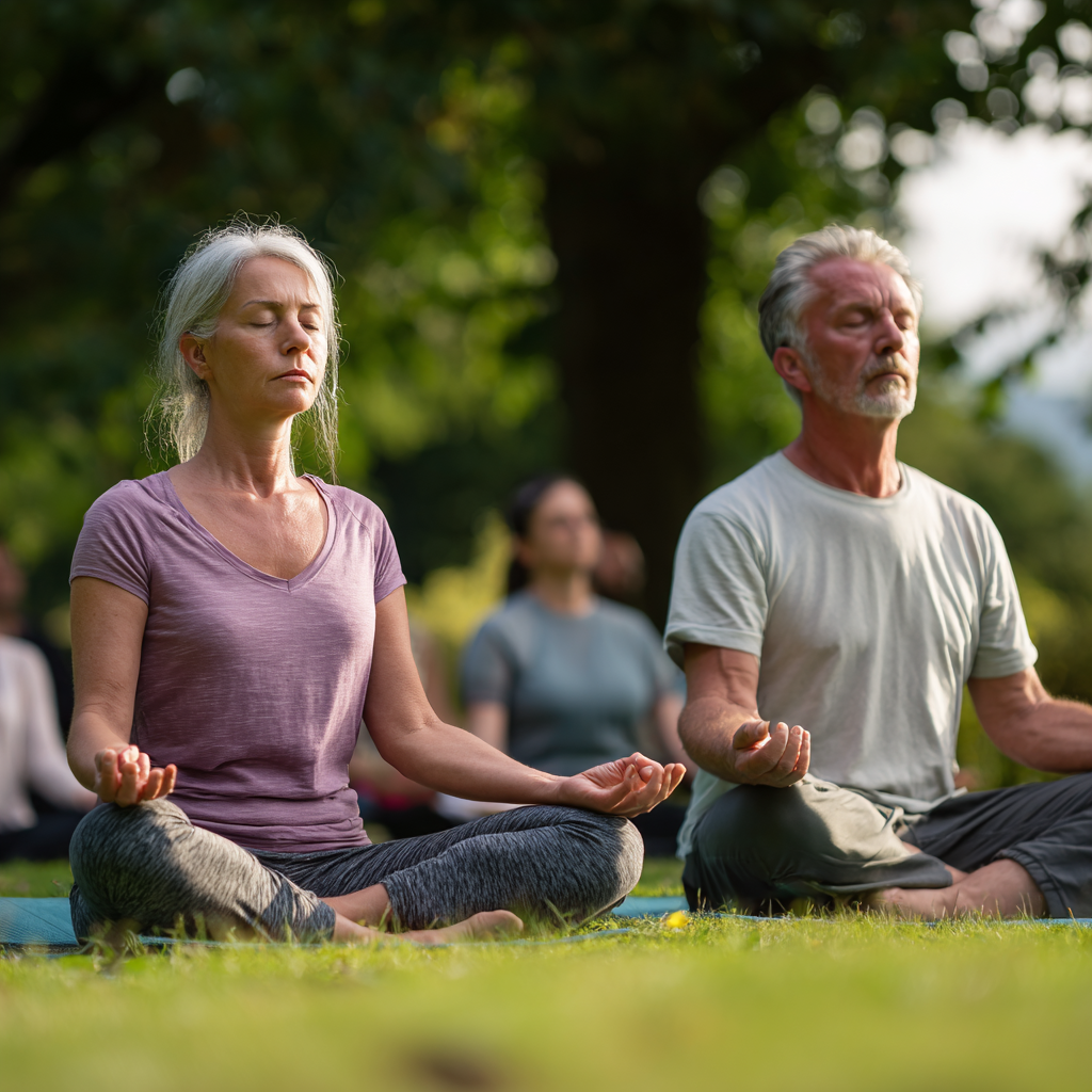 51 years old adults practicing mindful movement in peaceful outdoor yoga session