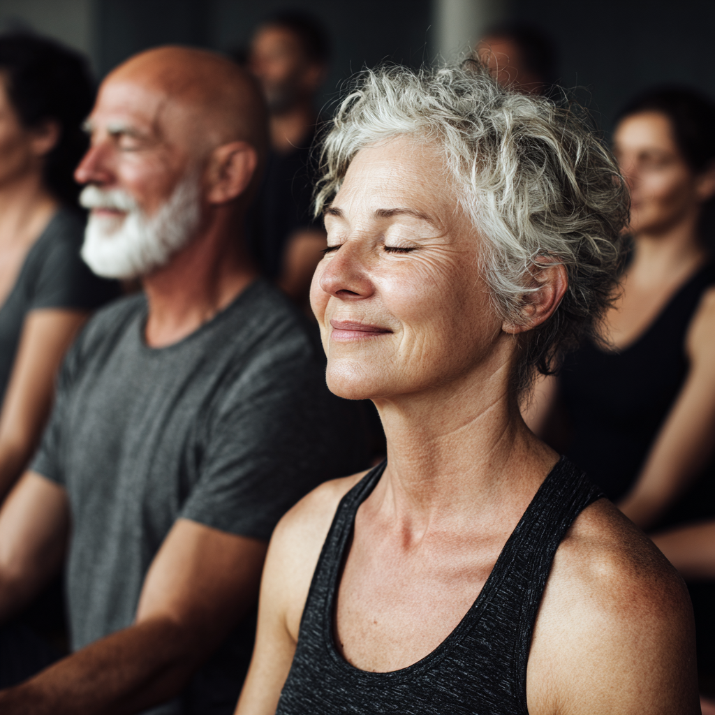 Group of 52 years old people sharing peaceful moment after yoga practice